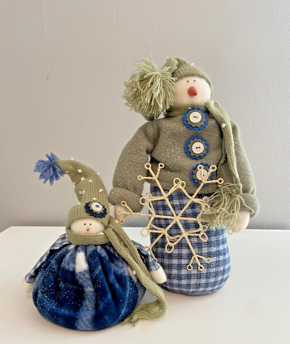 Vintage Blue, White & Green Fabric Snowmen Set With Glitter Snowflake